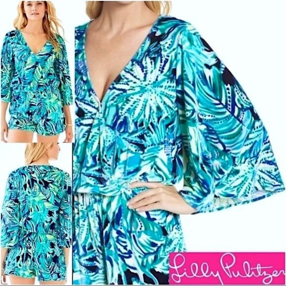 Lilly Pulitzer Viviana Romper Green Navy Armadilly Tropical Velour Medium - Picture 2 of 15